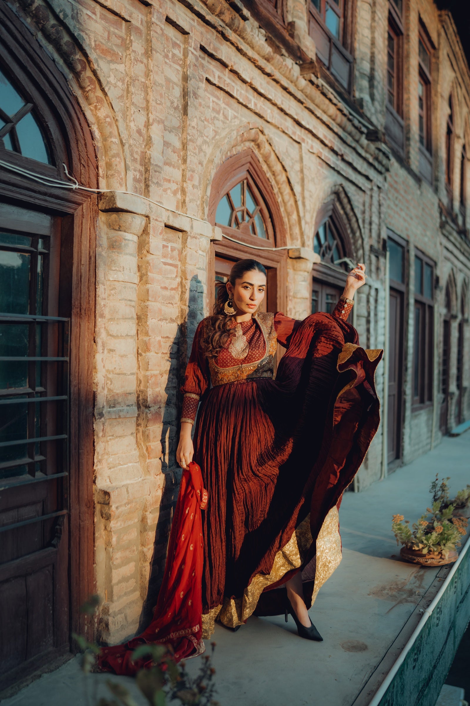 Crushed Silk Tilla Anarkali with Jamawar Koti