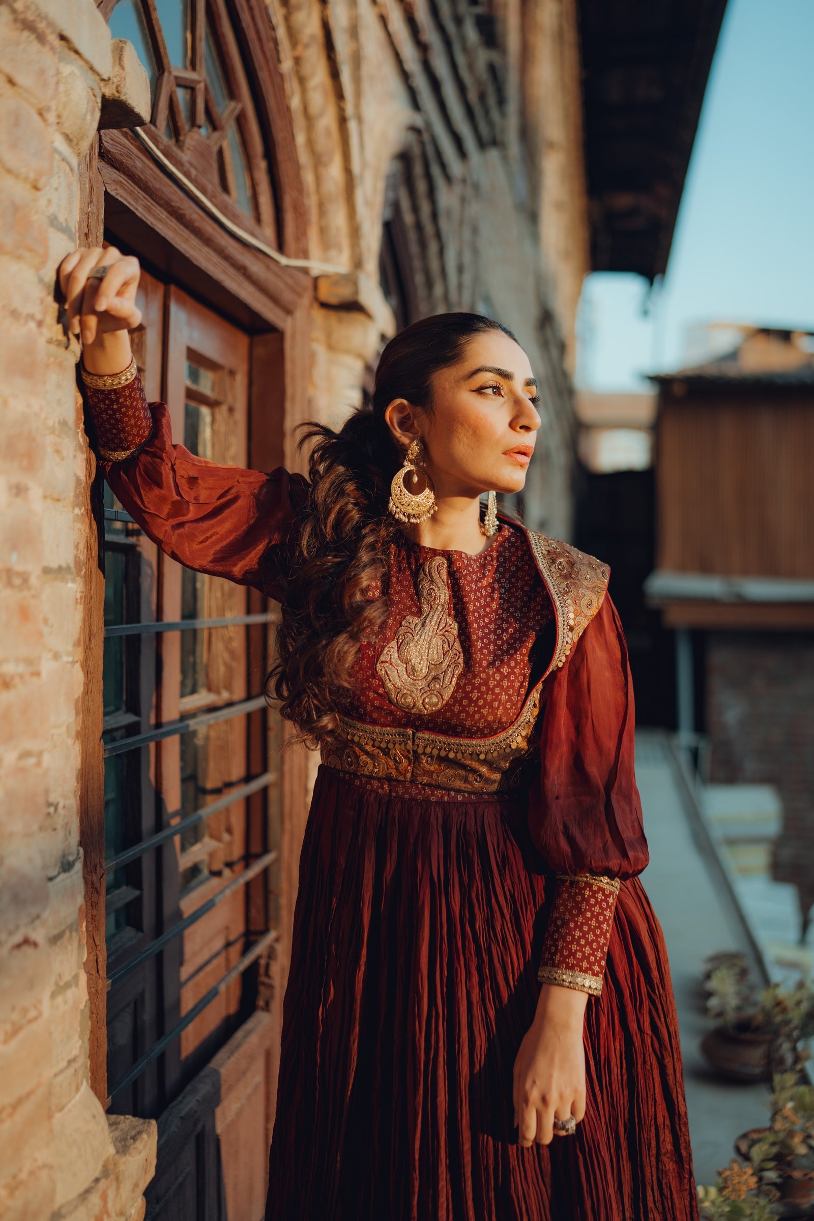 Crushed Silk Tilla Anarkali with Jamawar Koti