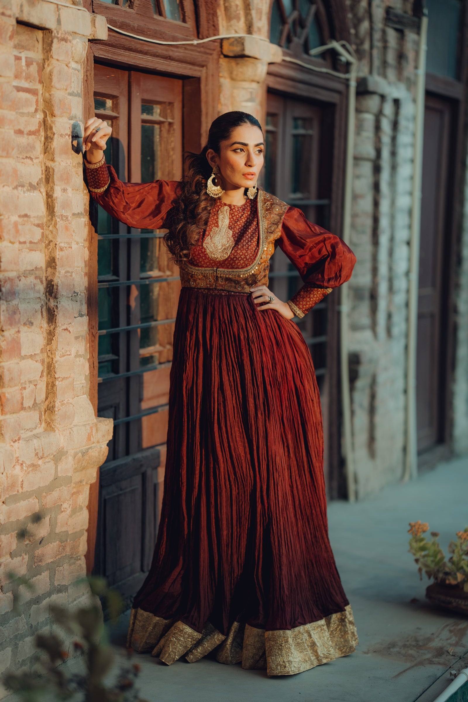 Crushed Silk Tilla Anarkali with Jamawar Koti