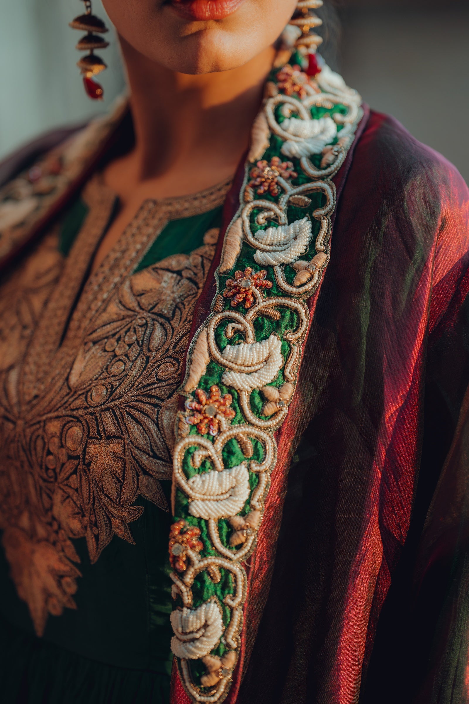 Crushed Silk Tilla Anarkali with Ombre Organza Jacket - Rust