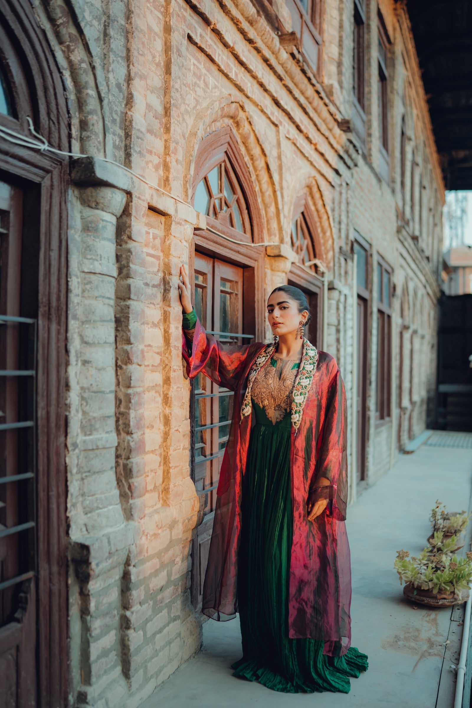 Crushed Silk Tilla Anarkali with Ombre Organza Jacket - Rust