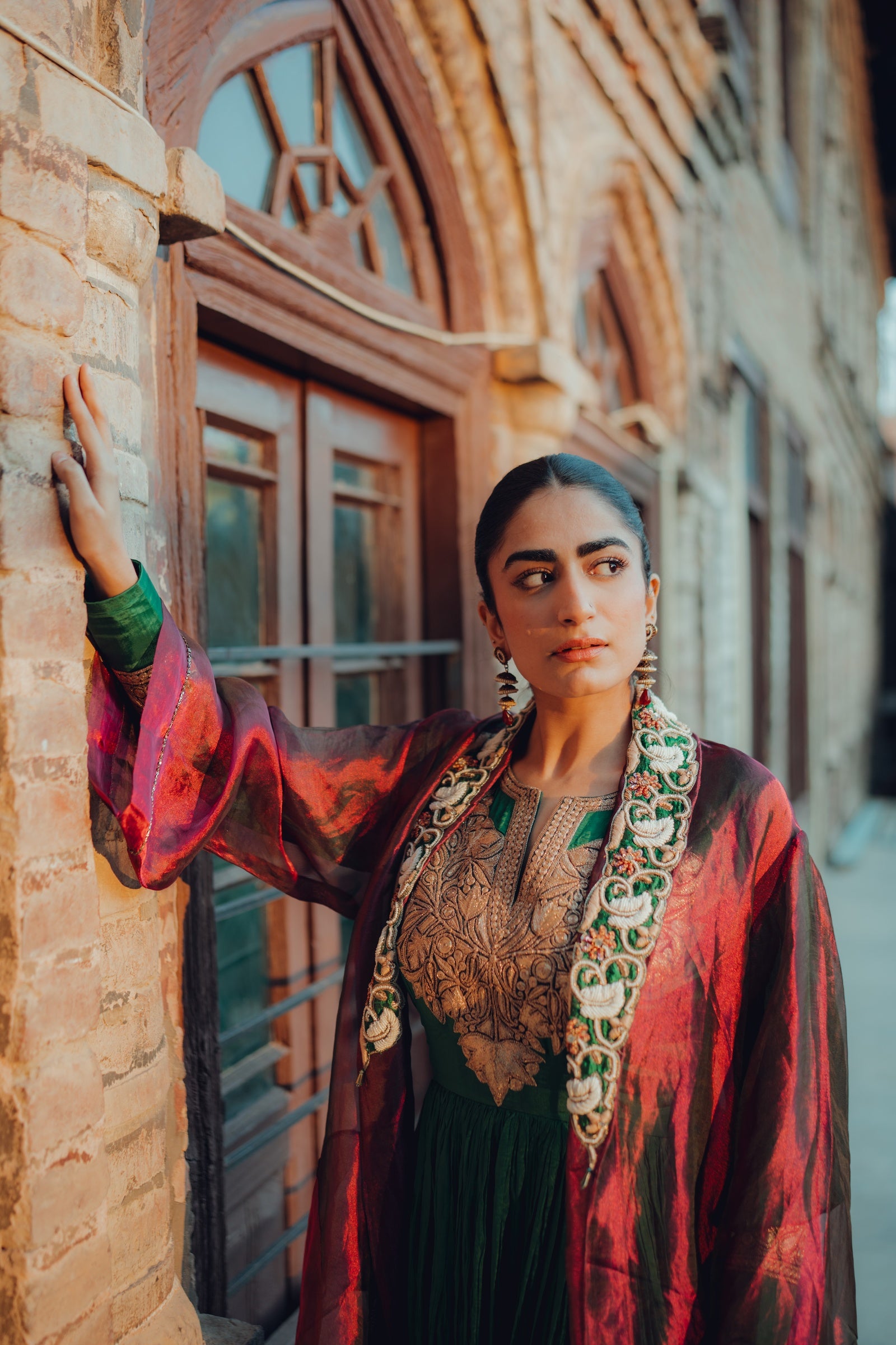 Crushed Silk Tilla Anarkali with Ombre Organza Jacket - Rust