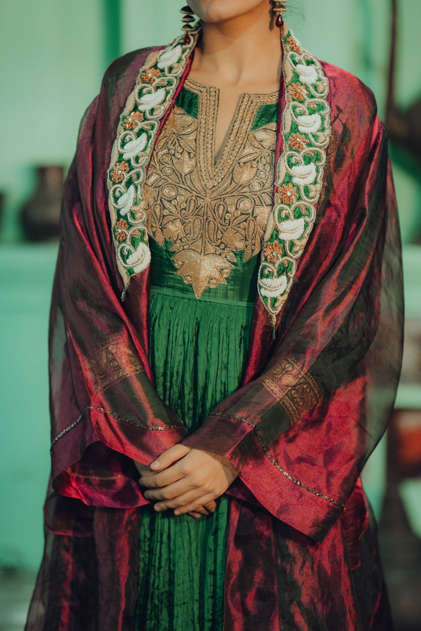 Crushed Silk Tilla Anarkali with Ombre Organza Jacket - Rust